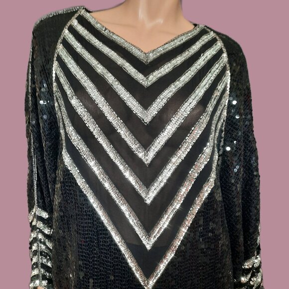 Vintage 80s Ann Green Art Deco Silk Sequined Top Pants Set Black Silver Womens L - Picture 2 of 10
